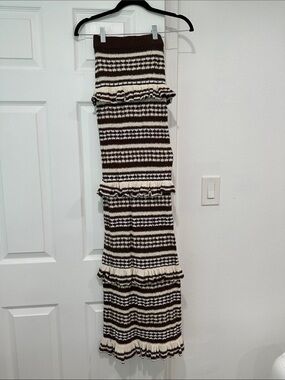 Tularosa Brown and Cream Striped Ruffle Maxi Skirt